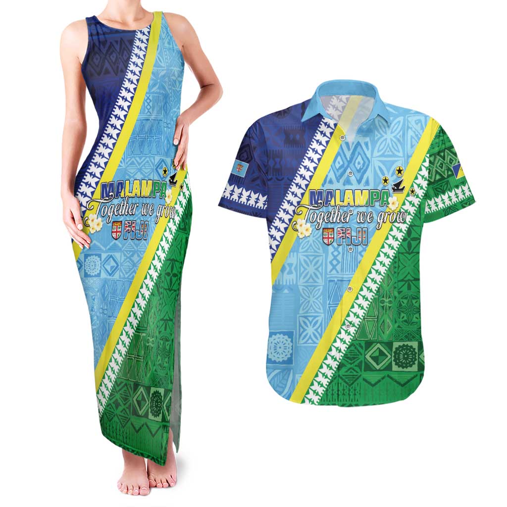 Love Malampa Fiji Day Couples Matching Tank Maxi Dress and Hawaiian Shirt Together We Grow LT05 Blue - Polynesian Pride