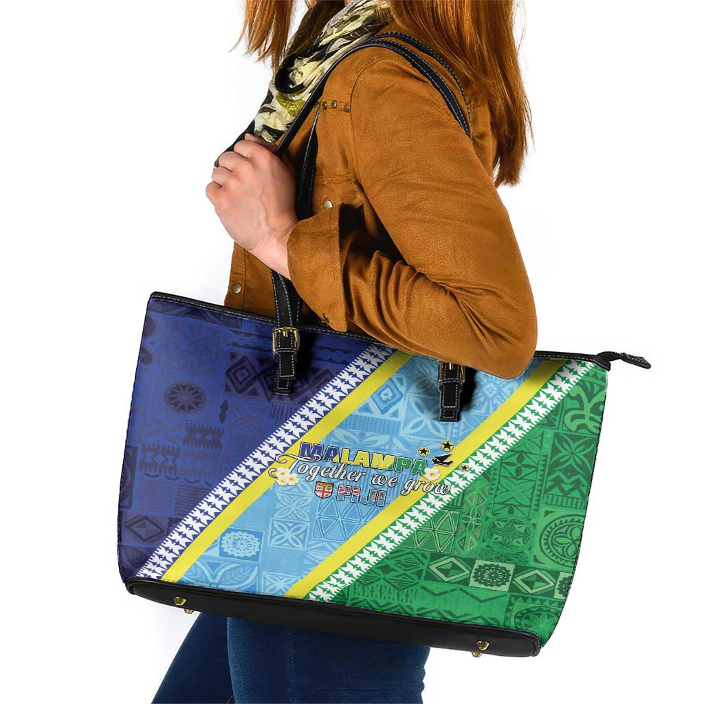 Love Malampa Fiji Day Leather Tote Bag Together We Grow LT05 Blue - Polynesian Pride