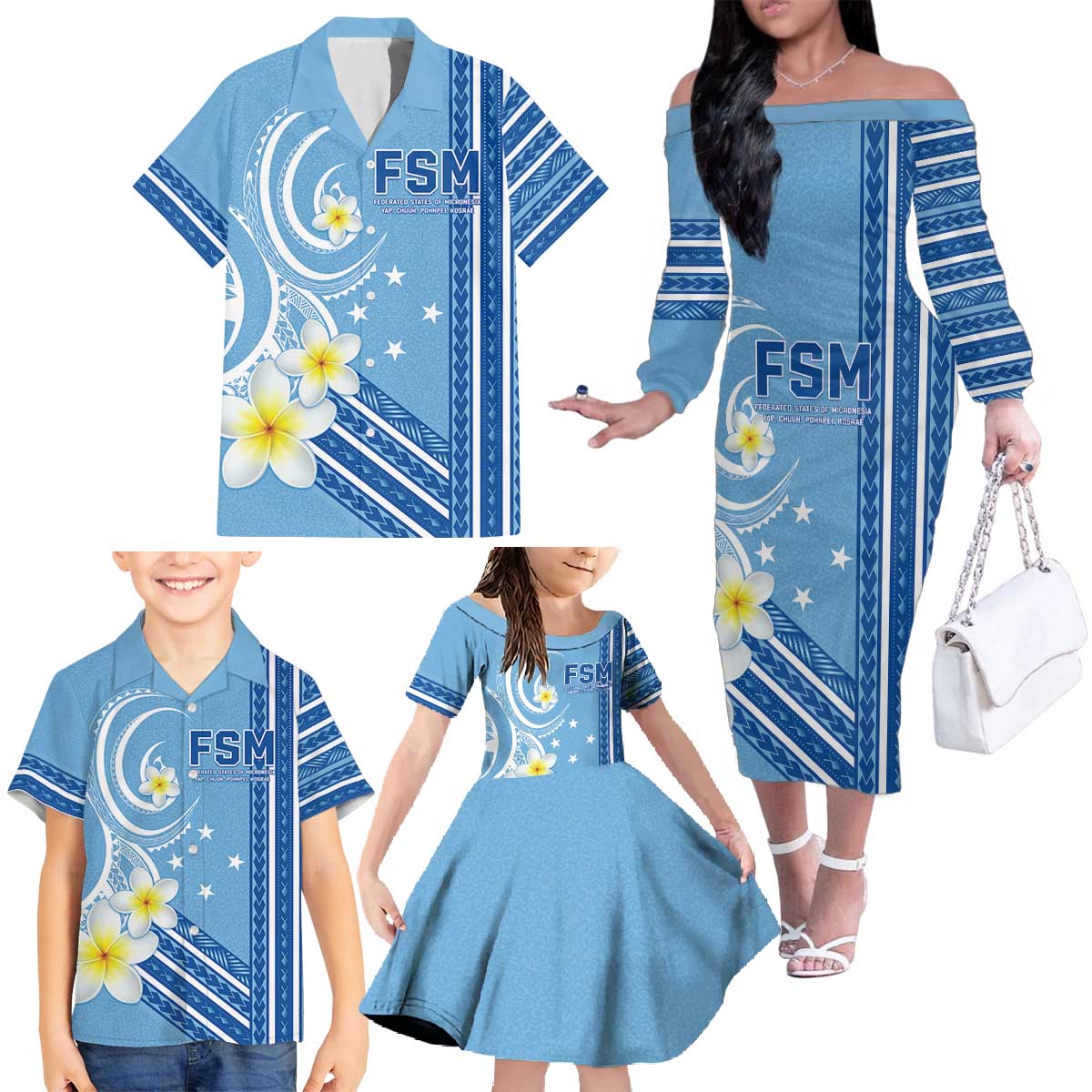 Personalised Federated States of Micronesia Family Matching Off The Shoulder Long Sleeve Dress and Hawaiian Shirt Happy 38th Independence Anniversary