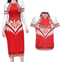 Custom Tonga Mate Maa Rugby Couples Matching Long Sleeve Bodycon Dress and Hawaiian Shirt Go Champions LT05 Red - Polynesian Pride