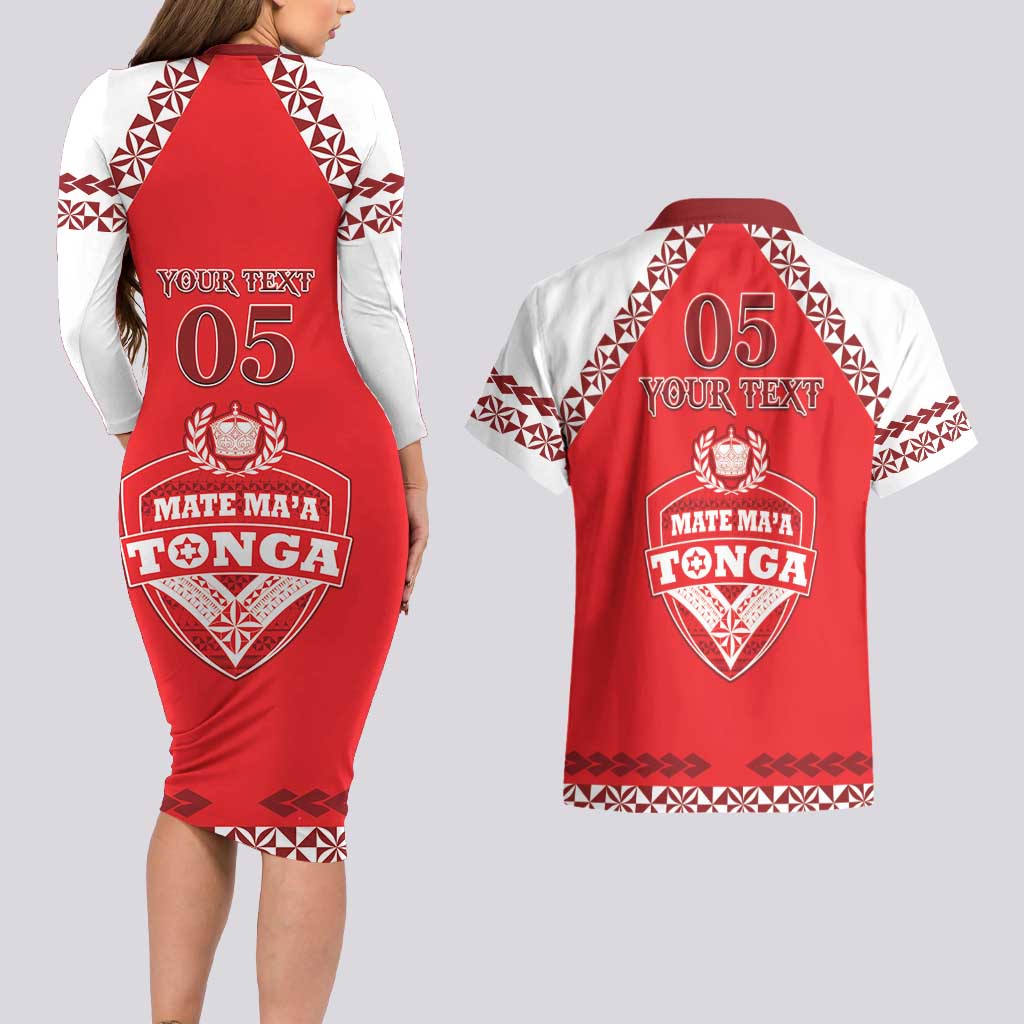 Custom Tonga Mate Maa Rugby Couples Matching Long Sleeve Bodycon Dress and Hawaiian Shirt Go Champions LT05 - Polynesian Pride