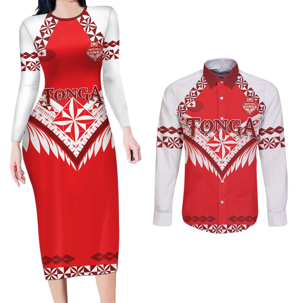 Custom Tonga Mate Maa Rugby Couples Matching Long Sleeve Bodycon Dress and Long Sleeve Button Shirt Go Champions LT05 Red - Polynesian Pride