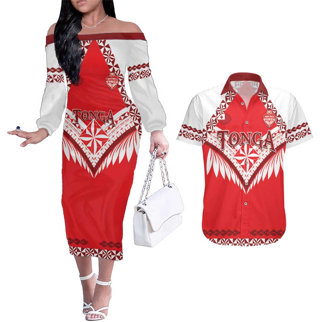 Custom Tonga Mate Maa Rugby Couples Matching Off The Shoulder Long Sleeve Dress and Hawaiian Shirt Go Champions LT05 Red - Polynesian Pride