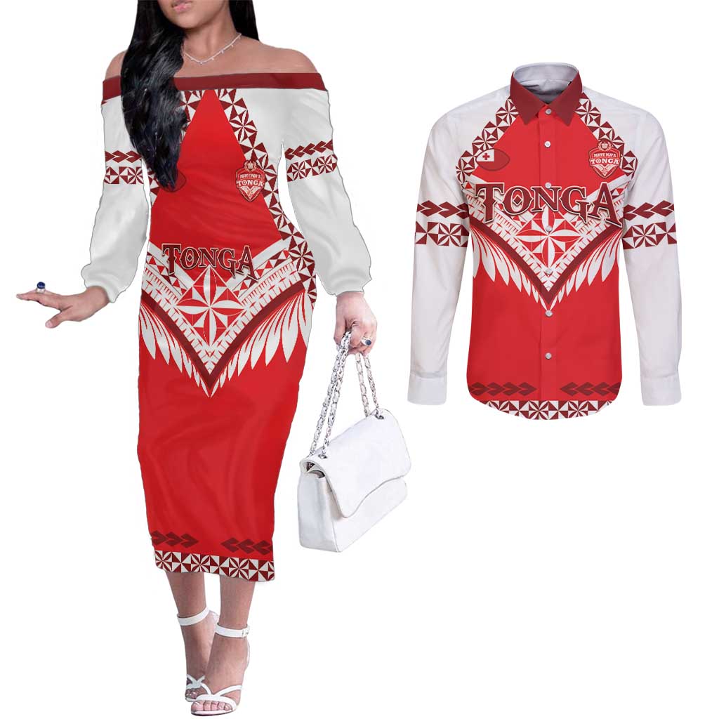 Custom Tonga Mate Maa Rugby Couples Matching Off The Shoulder Long Sleeve Dress and Long Sleeve Button Shirt Go Champions LT05 Red - Polynesian Pride
