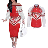 Custom Tonga Mate Maa Rugby Couples Matching Off The Shoulder Long Sleeve Dress and Long Sleeve Button Shirt Go Champions LT05 Red - Polynesian Pride
