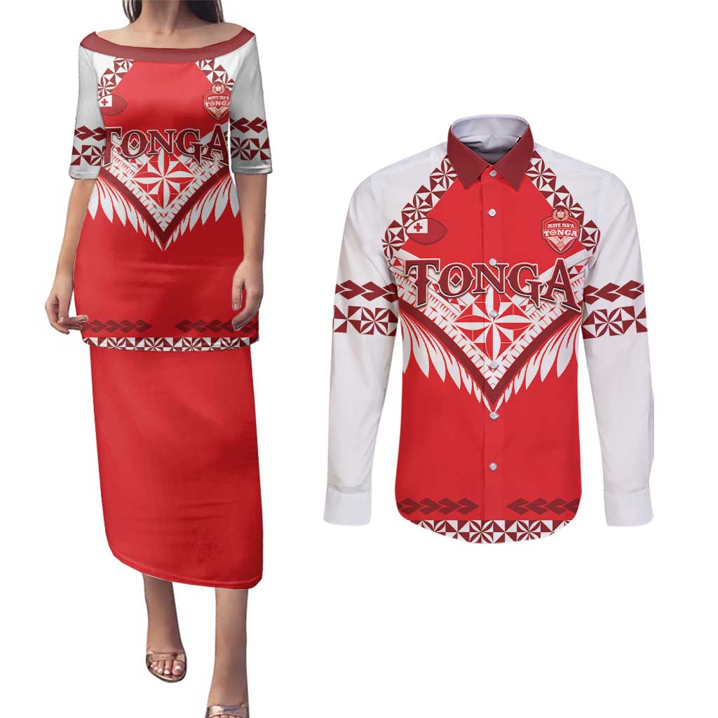 Custom Tonga Mate Maa Rugby Couples Matching Puletasi and Long Sleeve Button Shirt Go Champions LT05 Red - Polynesian Pride