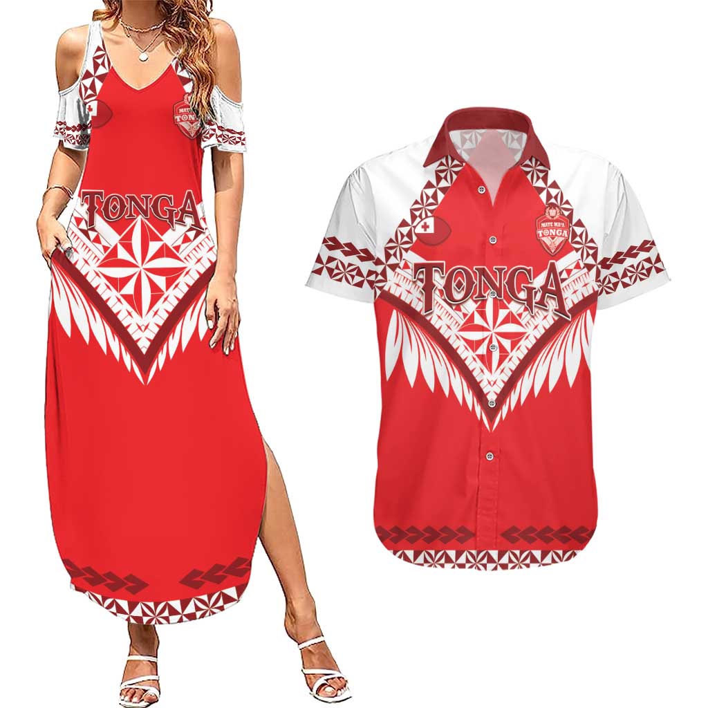 Custom Tonga Mate Maa Rugby Couples Matching Summer Maxi Dress and Hawaiian Shirt Go Champions LT05 Red - Polynesian Pride