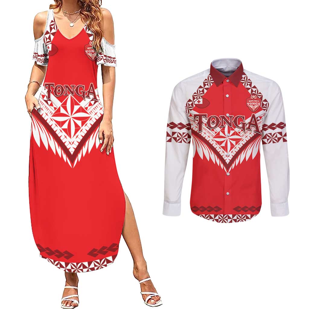 Custom Tonga Mate Maa Rugby Couples Matching Summer Maxi Dress and Long Sleeve Button Shirt Go Champions LT05 Red - Polynesian Pride