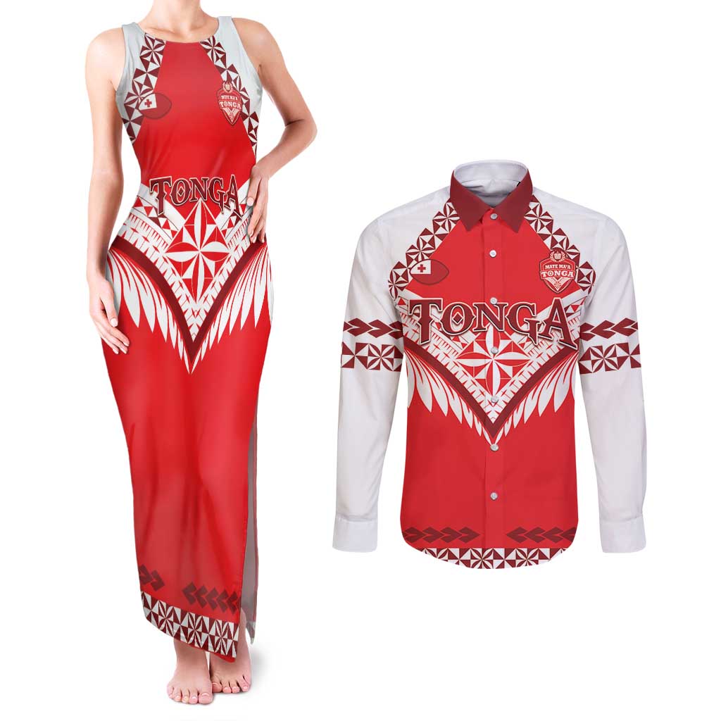 Custom Tonga Mate Maa Rugby Couples Matching Tank Maxi Dress and Long Sleeve Button Shirt Go Champions LT05 Red - Polynesian Pride