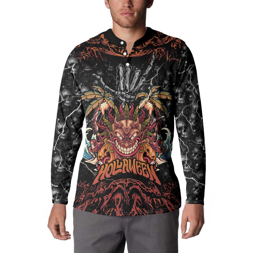 Aloha Halloween Button Sweatshirt Horror Tiki Heavy Metal Style - Polynesian Pride
