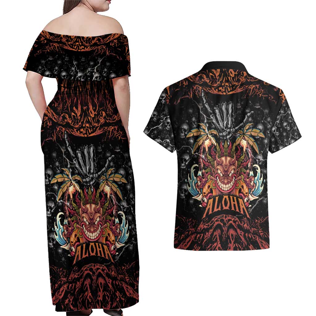 Aloha Halloween Couples Matching Off Shoulder Maxi Dress and Hawaiian Shirt Horror Tiki Heavy Metal Style - Polynesian Pride