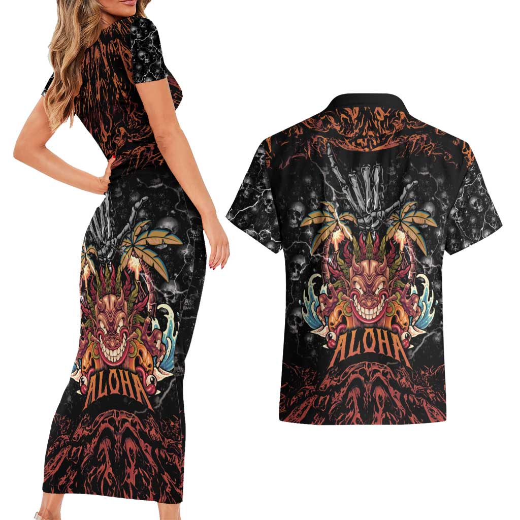Aloha Halloween Couples Matching Short Sleeve Bodycon Dress and Hawaiian Shirt Horror Tiki Heavy Metal Style - Polynesian Pride