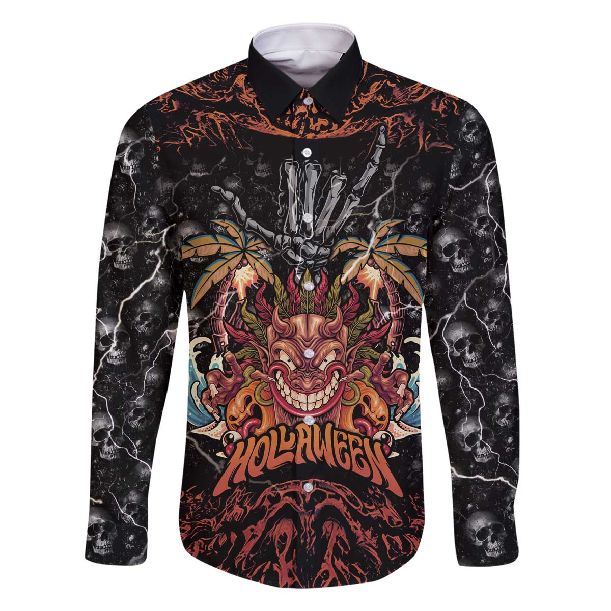 Aloha Halloween Family Matching Off The Shoulder Long Sleeve Dress and Hawaiian Shirt Horror Tiki Heavy Metal Style - Polynesian Pride