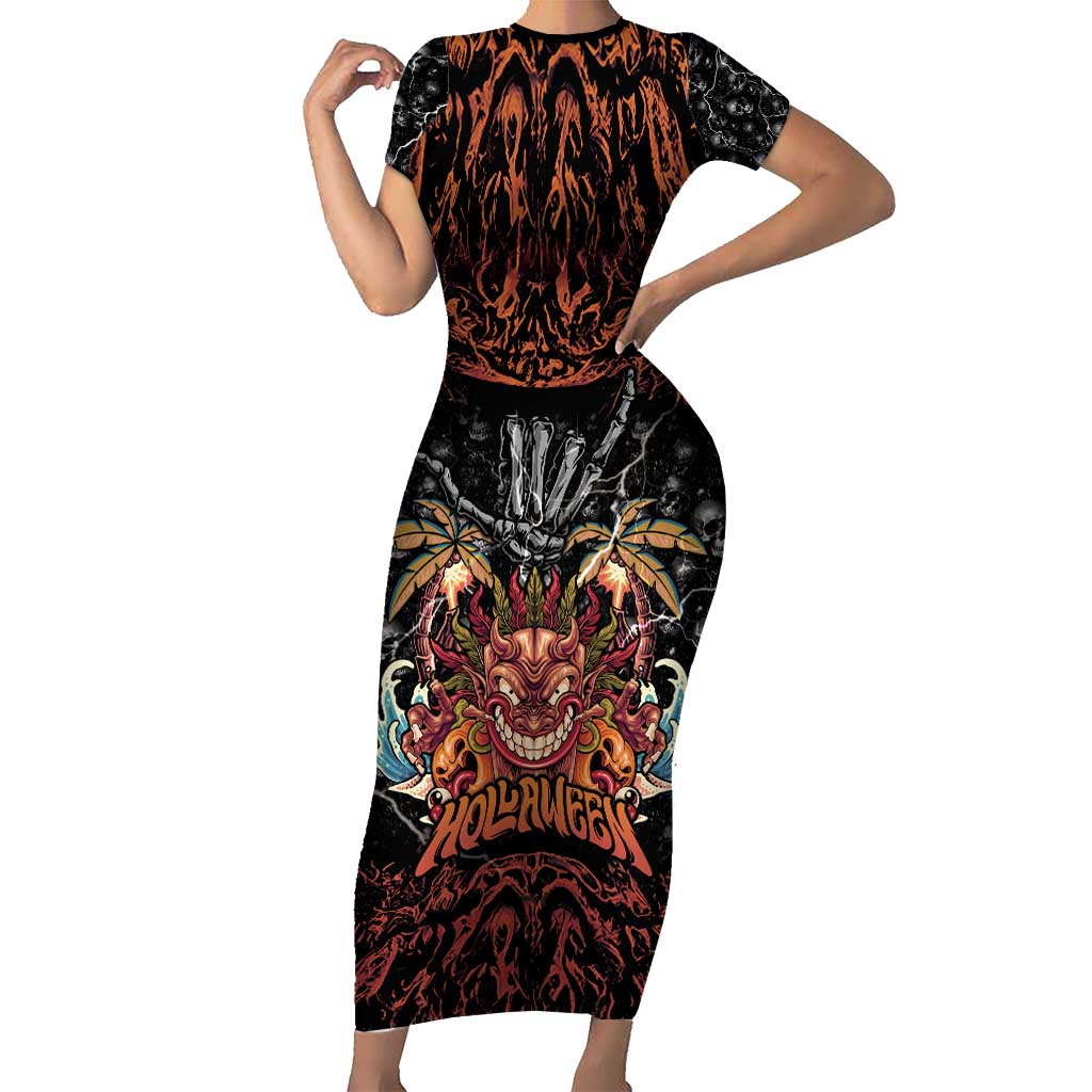 Aloha Halloween Family Matching Short Sleeve Bodycon Dress and Hawaiian Shirt Horror Tiki Heavy Metal Style - Polynesian Pride