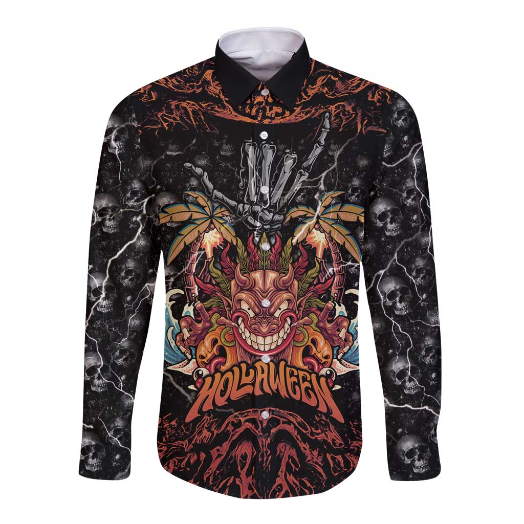Aloha Halloween Long Sleeve Button Shirt Horror Tiki Heavy Metal Style - Polynesian Pride
