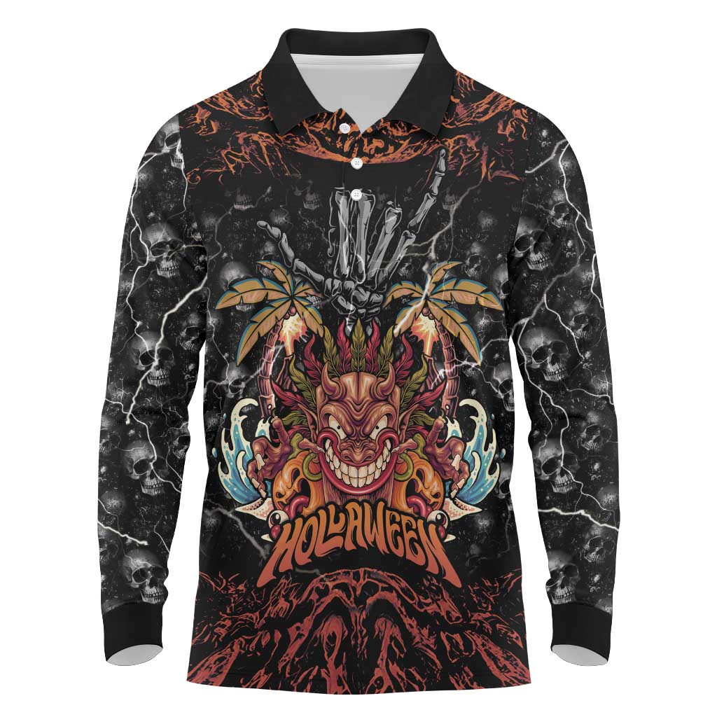 Aloha Halloween Long Sleeve Polo Shirt Horror Tiki Heavy Metal Style - Polynesian Pride