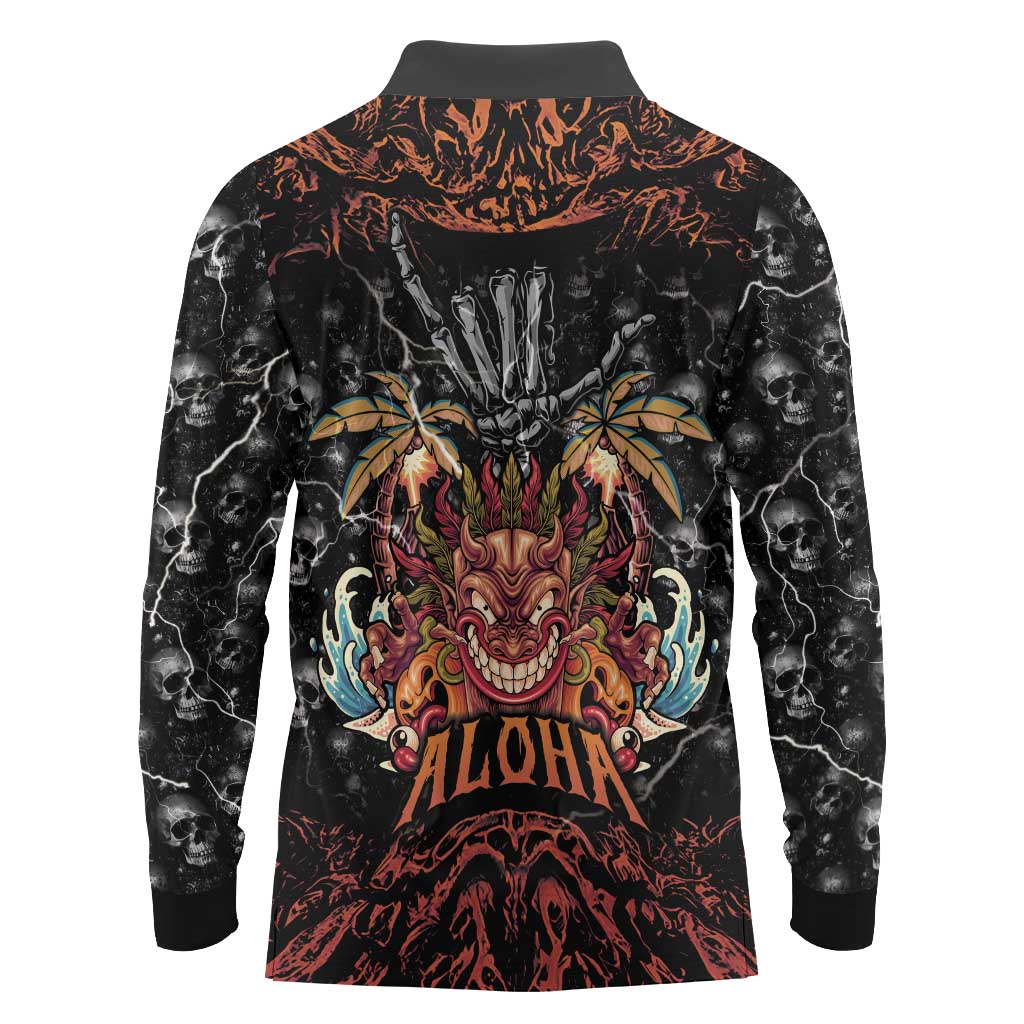 Aloha Halloween Long Sleeve Polo Shirt Horror Tiki Heavy Metal Style - Polynesian Pride