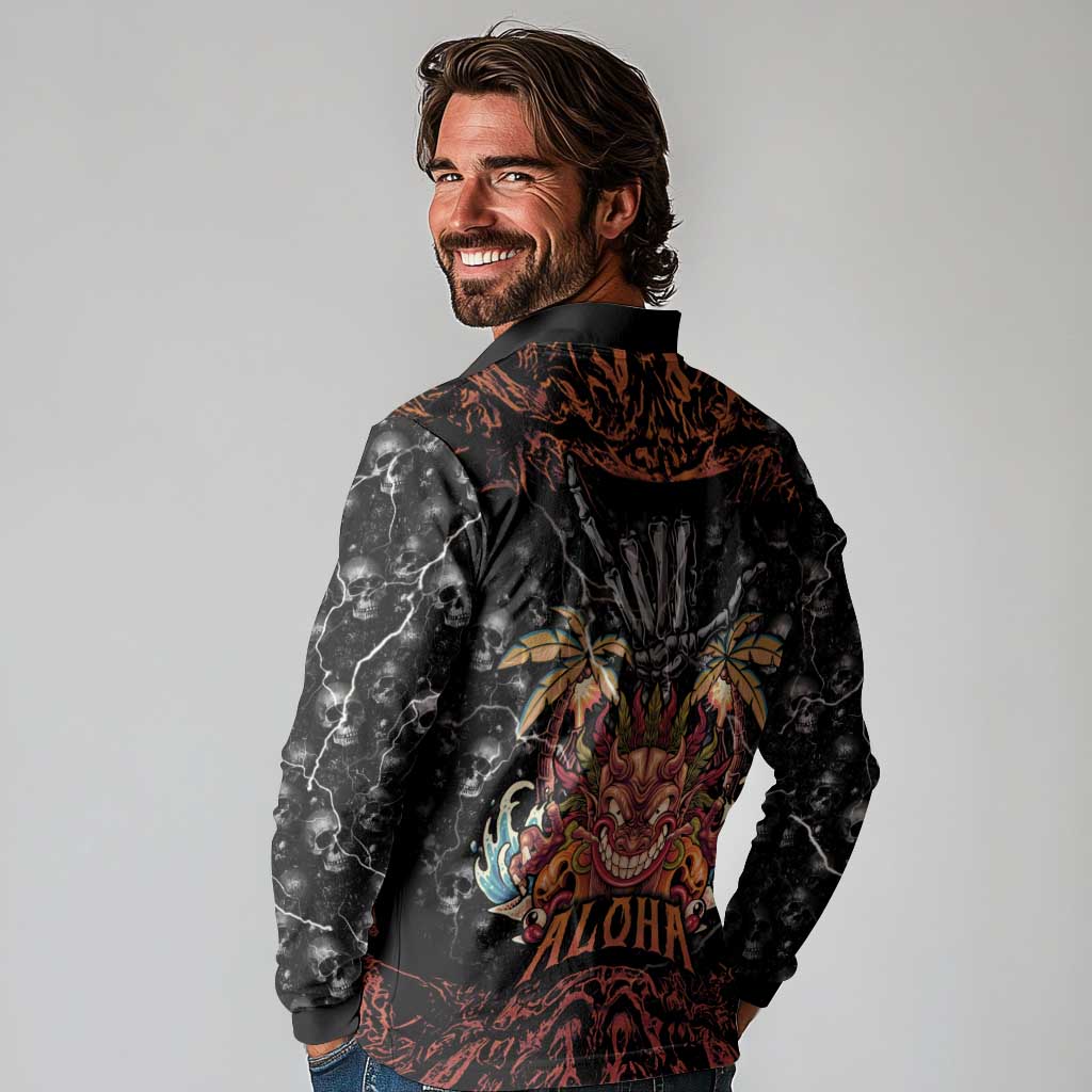 Aloha Halloween Long Sleeve Polo Shirt Horror Tiki Heavy Metal Style - Polynesian Pride