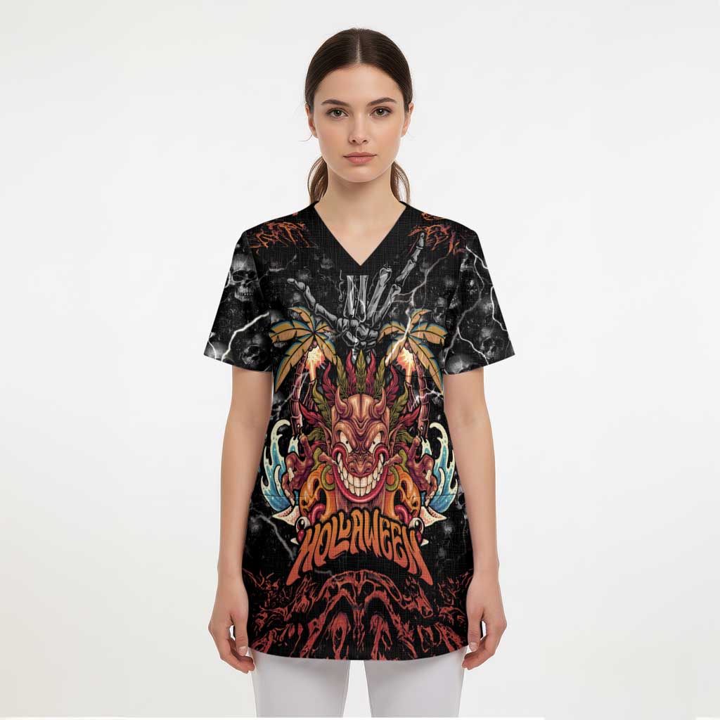 Aloha Halloween Scrub Top Horror Tiki Heavy Metal Style - Polynesian Pride