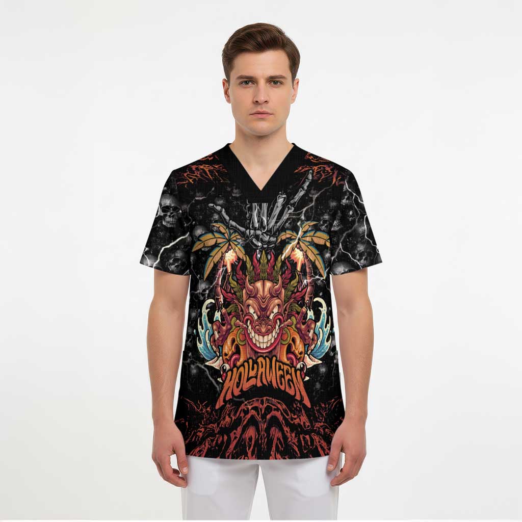 Aloha Halloween Scrub Top Horror Tiki Heavy Metal Style - Polynesian Pride