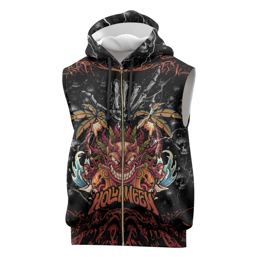 Aloha Halloween Sleeveless Zip Hoodie Horror Tiki Heavy Metal Style - Polynesian Pride