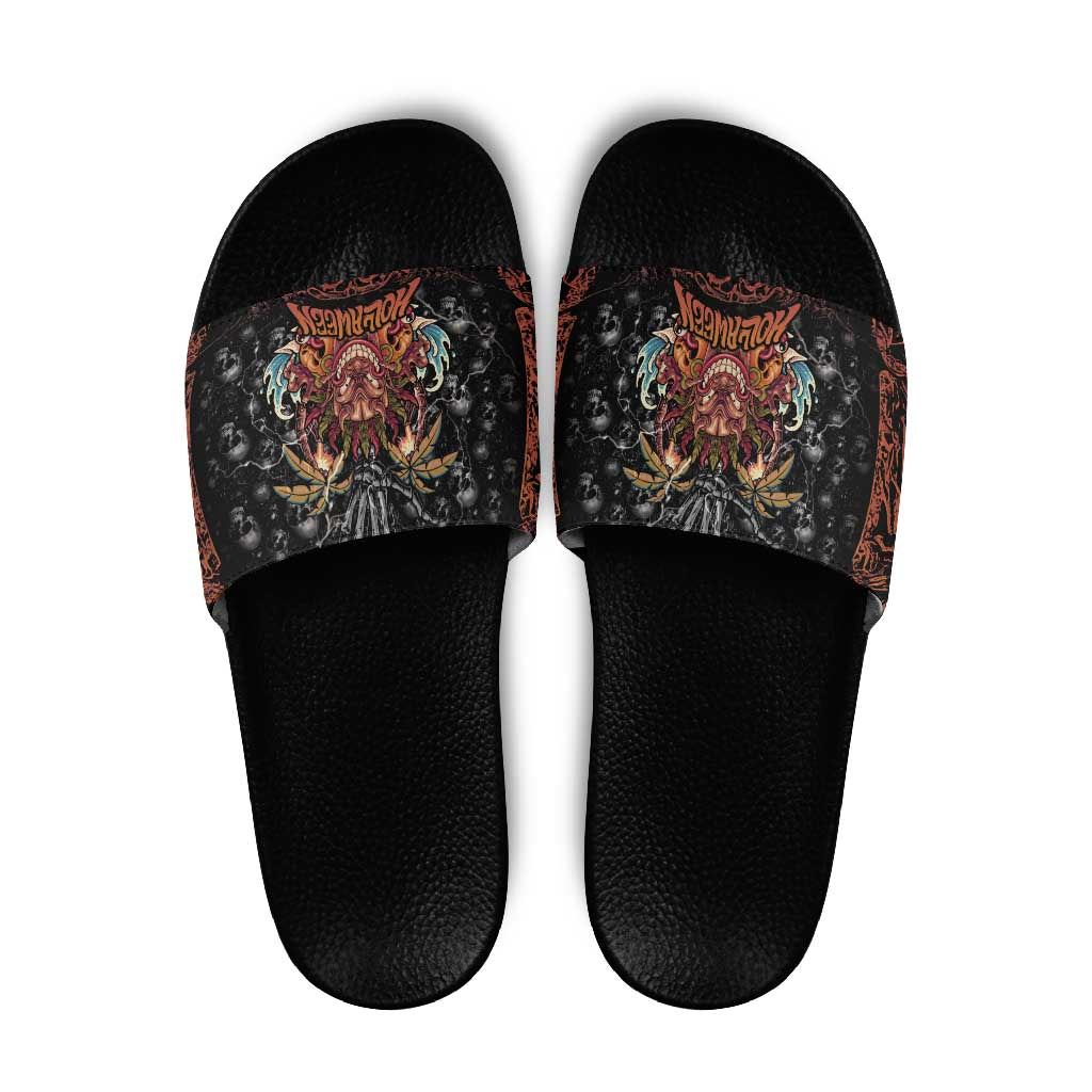 Aloha Halloween Slide Sandals Horror Tiki Heavy Metal Style - Polynesian Pride