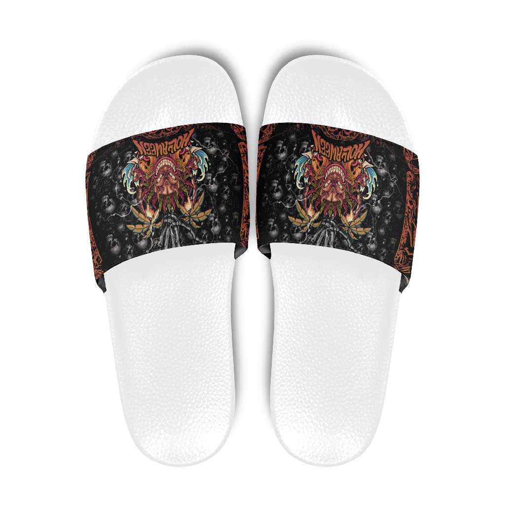 Aloha Halloween Slide Sandals Horror Tiki Heavy Metal Style - Polynesian Pride