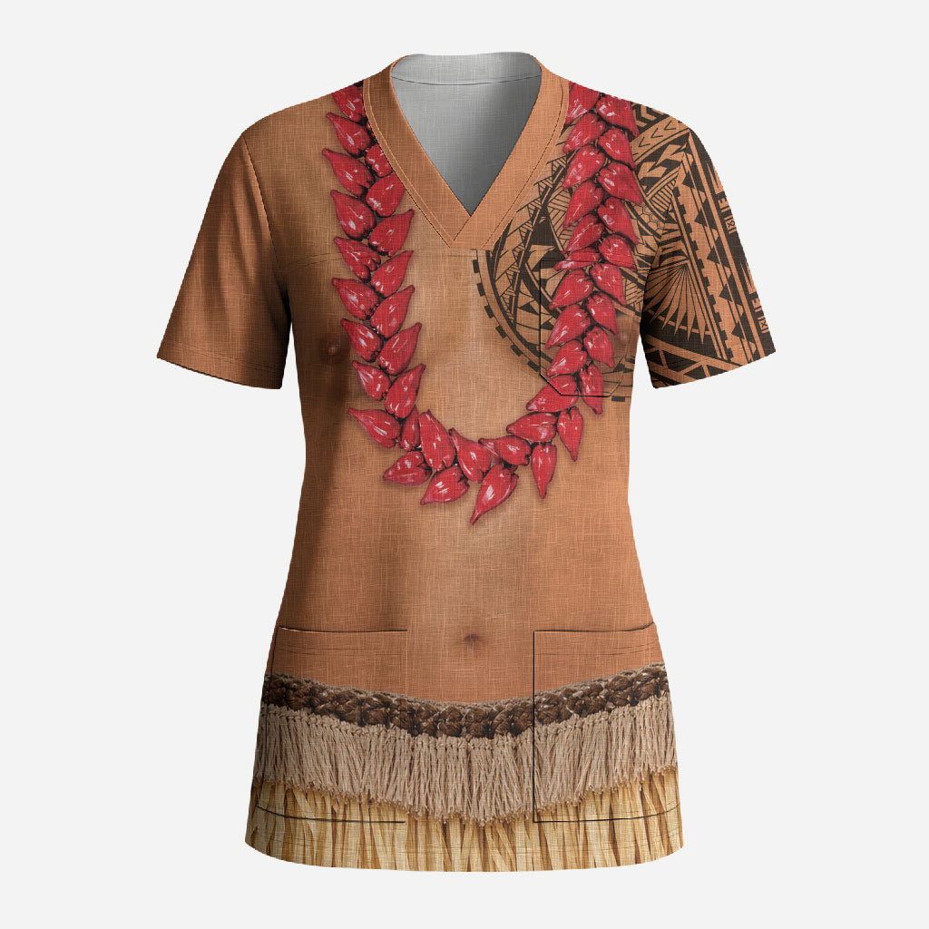 Samoa Tribal Tattoo Costume Scrub Top Ula Fala Necklace LT05 Adult Beige - Polynesian Pride