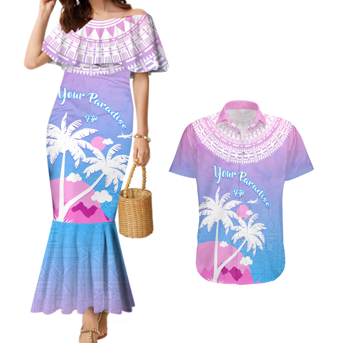 Personalised Fiji Your Paradise Festival Couples Matching Mermaid Dress and Hawaiian Shirt With Fijian Masi Tapa Pattern LT05 Blue - Polynesian Pride