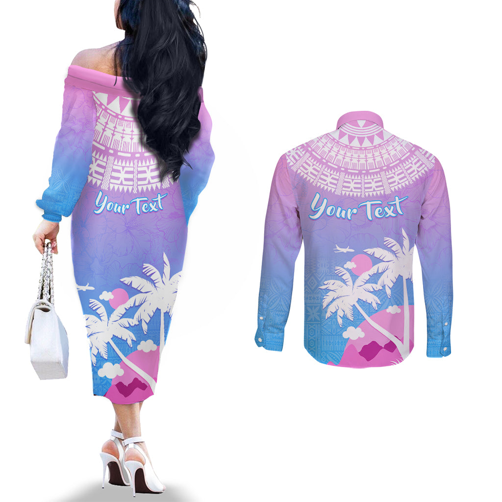 Personalised Fiji Your Paradise Festival Couples Matching Off The Shoulder Long Sleeve Dress and Long Sleeve Button Shirt With Fijian Masi Tapa Pattern LT05 - Polynesian Pride