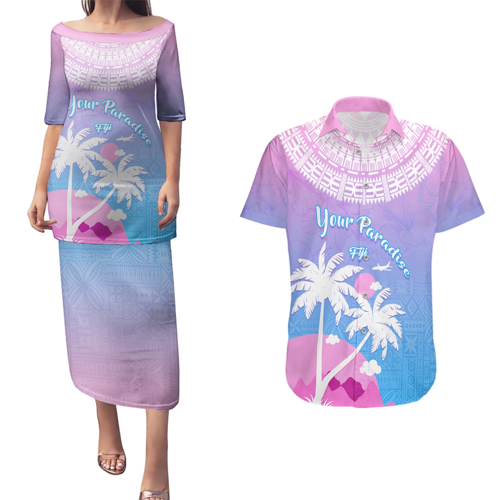 Personalised Fiji Your Paradise Festival Couples Matching Puletasi Dress and Hawaiian Shirt With Fijian Masi Tapa Pattern LT05 Blue - Polynesian Pride