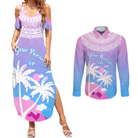 Personalised Fiji Your Paradise Festival Couples Matching Summer Maxi Dress and Long Sleeve Button Shirt With Fijian Masi Tapa Pattern LT05 Blue - Polynesian Pride