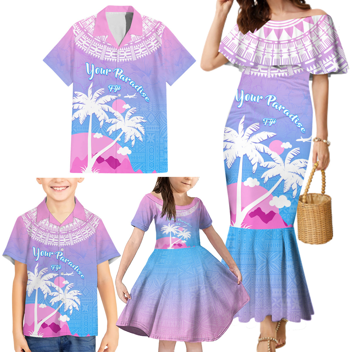 Personalised Fiji Your Paradise Festival Family Matching Mermaid Dress and Hawaiian Shirt With Fijian Masi Tapa Pattern LT05 - Polynesian Pride