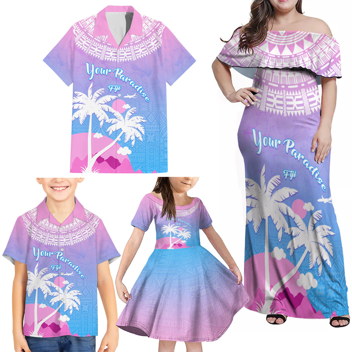 Personalised Fiji Your Paradise Festival Family Matching Off Shoulder Maxi Dress and Hawaiian Shirt With Fijian Masi Tapa Pattern LT05 - Polynesian Pride