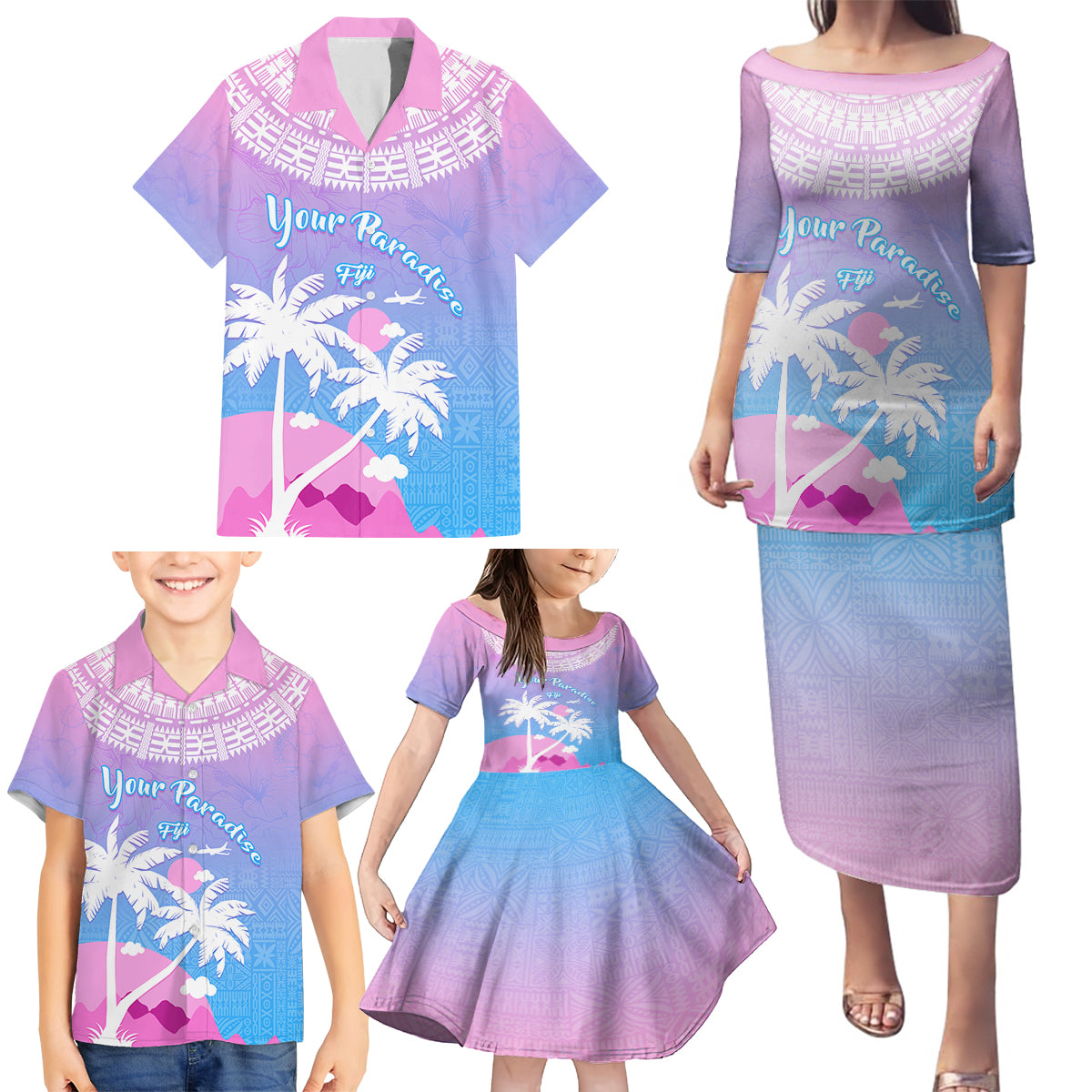 Personalised Fiji Your Paradise Festival Family Matching Puletasi Dress and Hawaiian Shirt With Fijian Masi Tapa Pattern LT05 - Polynesian Pride