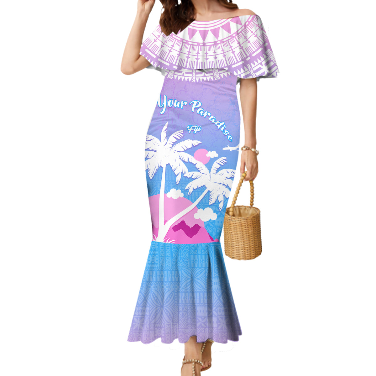 Personalised Fiji Your Paradise Festival Mermaid Dress With Fijian Masi Tapa Pattern LT05 Women Blue - Polynesian Pride