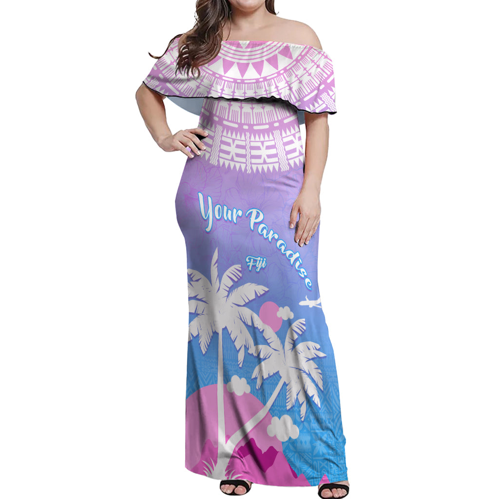 Personalised Fiji Your Paradise Festival Off Shoulder Maxi Dress With Fijian Masi Tapa Pattern LT05 Women Blue - Polynesian Pride