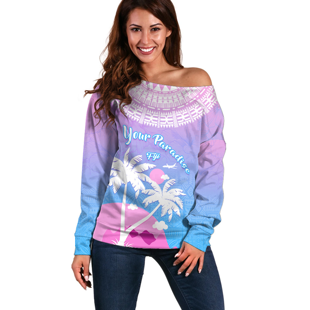 Personalised Fiji Your Paradise Festival Off Shoulder Sweater With Fijian Masi Tapa Pattern LT05 Women Blue - Polynesian Pride