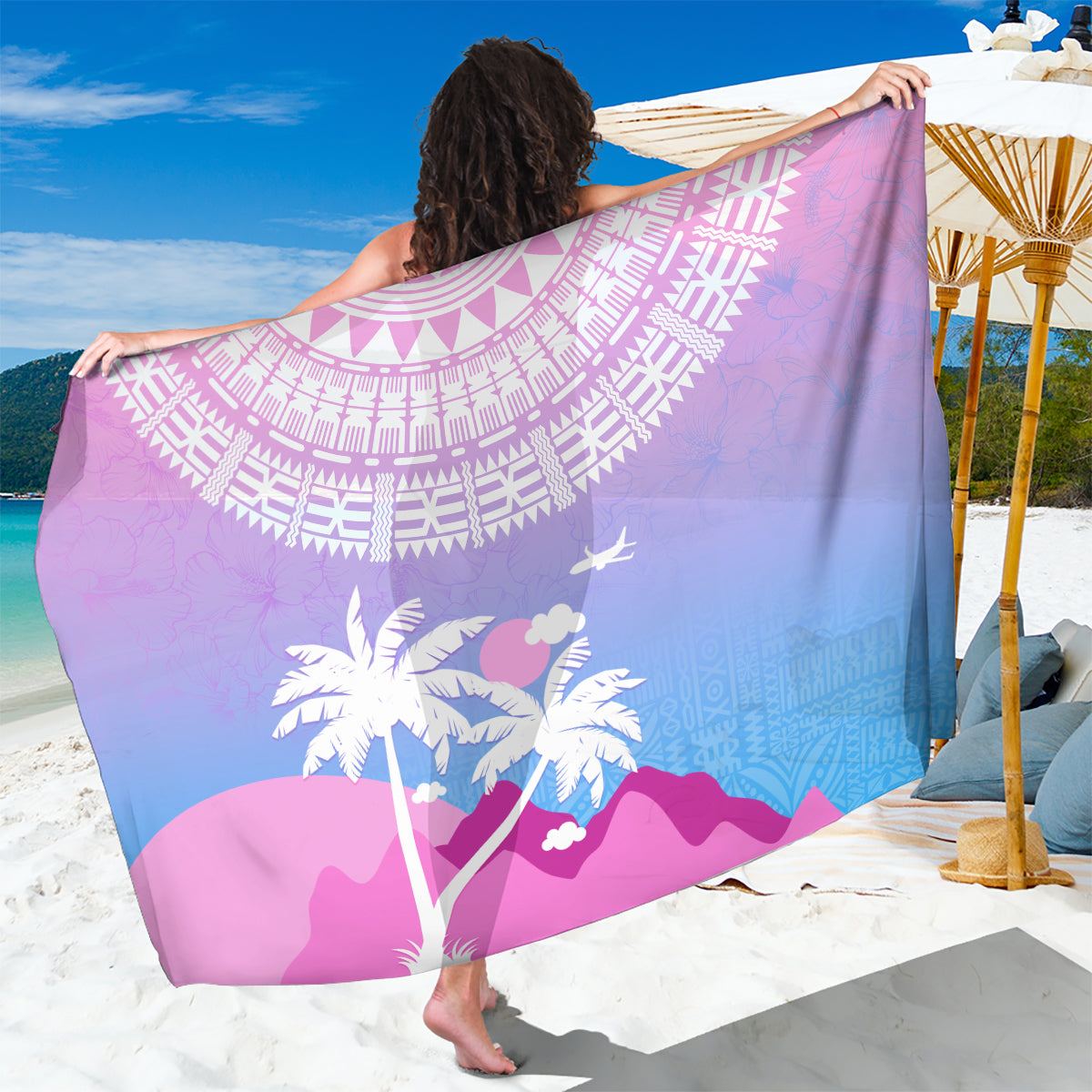 Fiji Your Paradise Festival Sarong With Fijian Masi Tapa Pattern LT05 One Size 44 x 66 inches Blue - Polynesian Pride