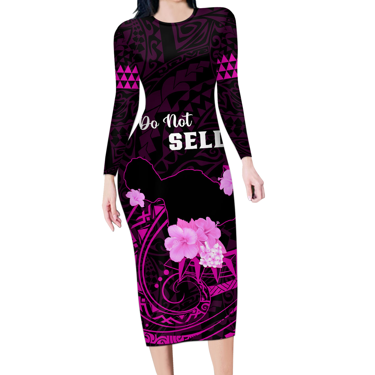 Hawaii Strong Maui Long Sleeve Bodycon Dress Lahaina Is Not For Sale LT05 Long Dress Pink - Polynesian Pride