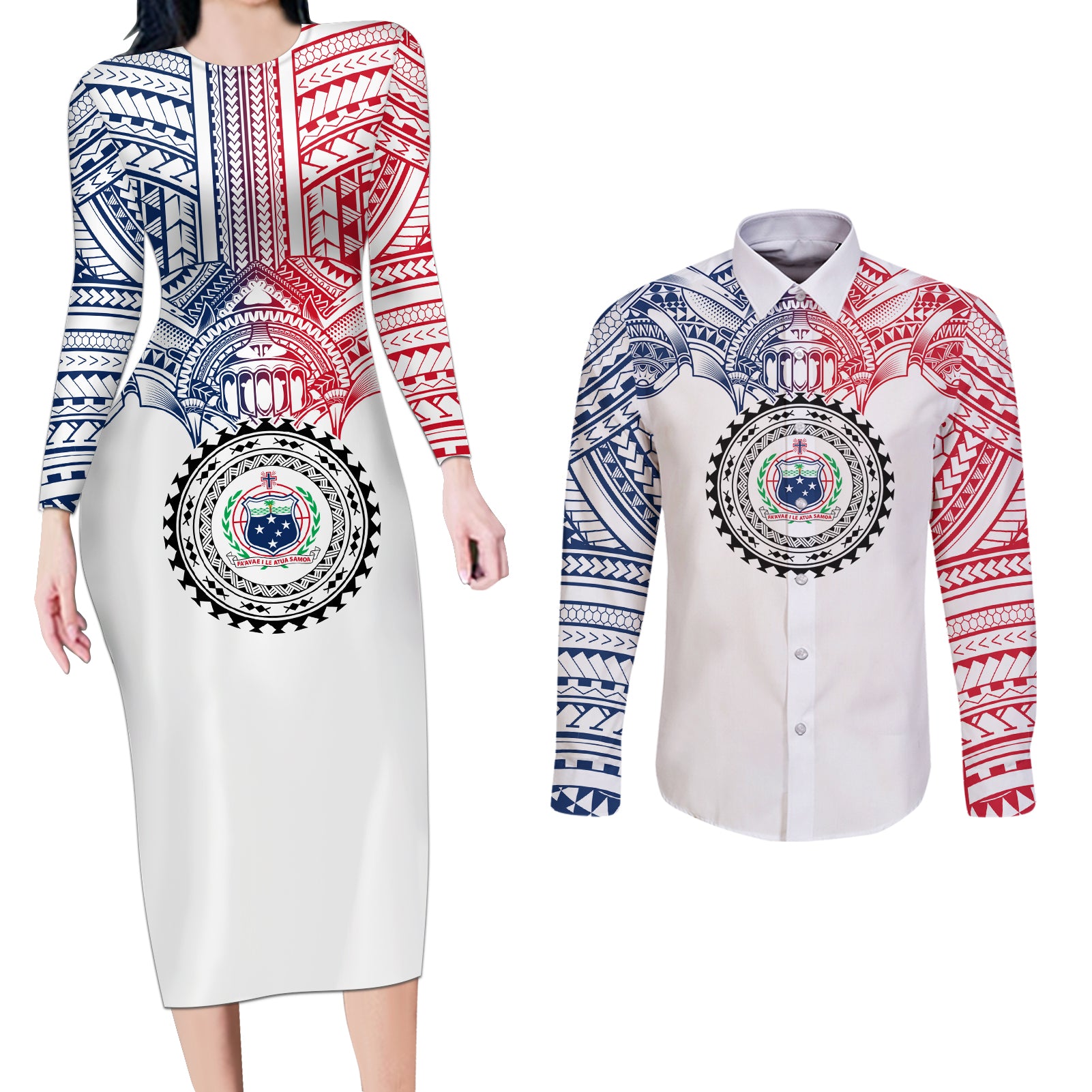 Samoa Black Saturday Couples Matching Long Sleeve Bodycon Dress and Long Sleeve Button Shirt Polynesian Tribal Simple Style LT05 White - Polynesian Pride