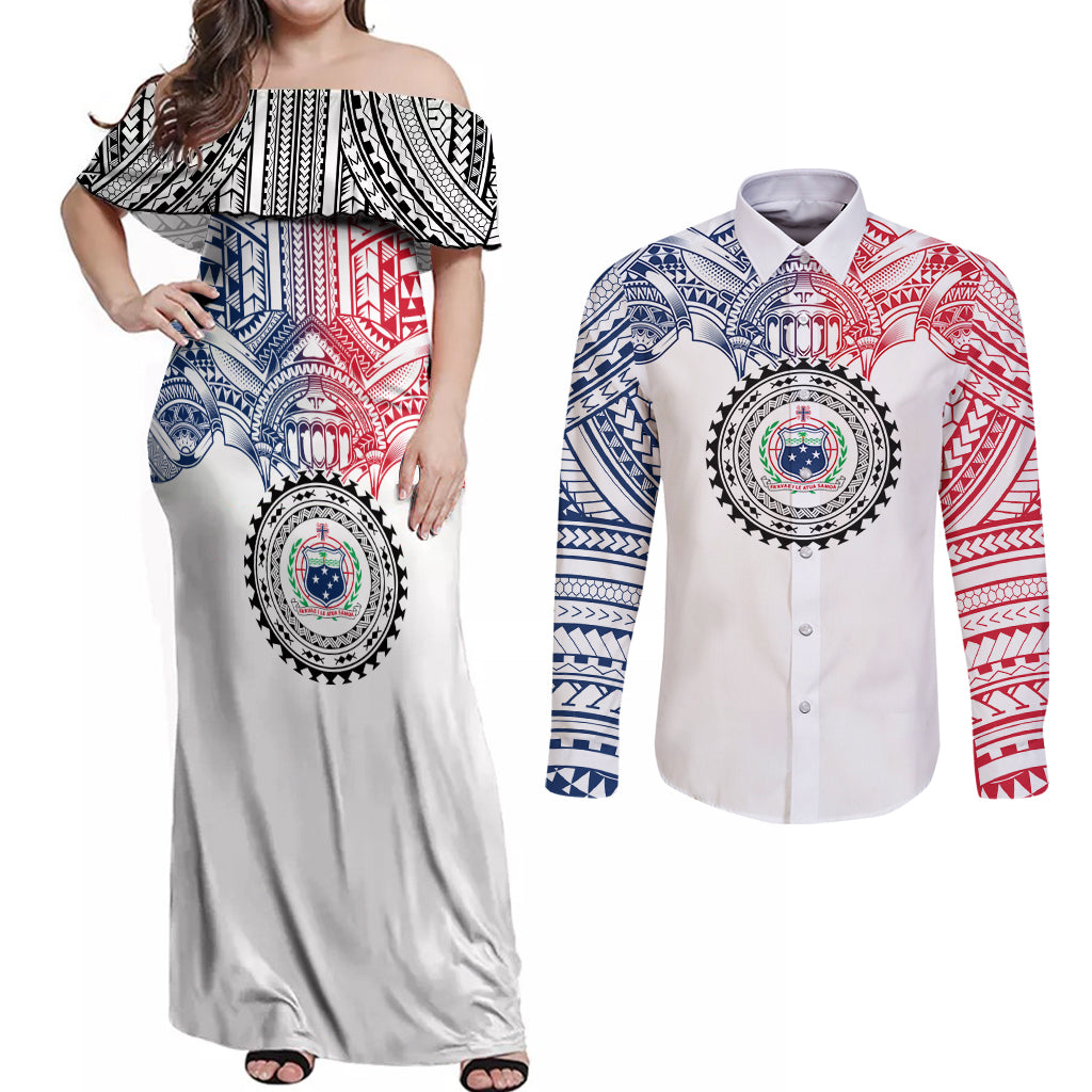 Samoa Black Saturday Couples Matching Off Shoulder Maxi Dress and Long Sleeve Button Shirt Polynesian Tribal Simple Style LT05 White - Polynesian Pride