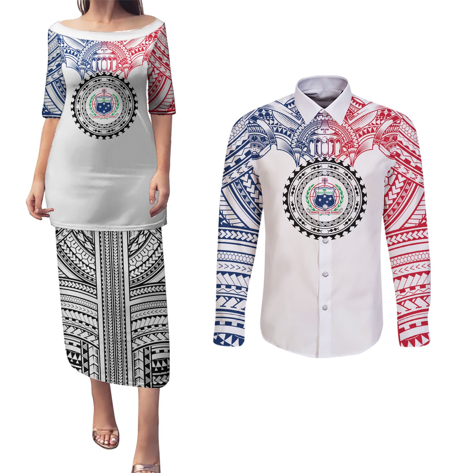 Samoa Black Saturday Couples Matching Puletasi Dress and Long Sleeve Button Shirt Polynesian Tribal Simple Style LT05 White - Polynesian Pride