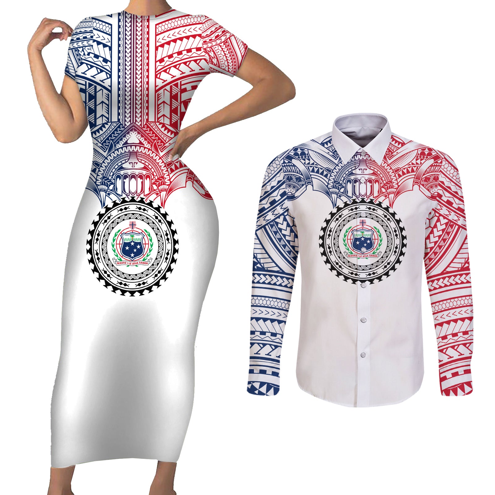 Samoa Black Saturday Couples Matching Short Sleeve Bodycon Dress and Long Sleeve Button Shirt Polynesian Tribal Simple Style LT05 White - Polynesian Pride