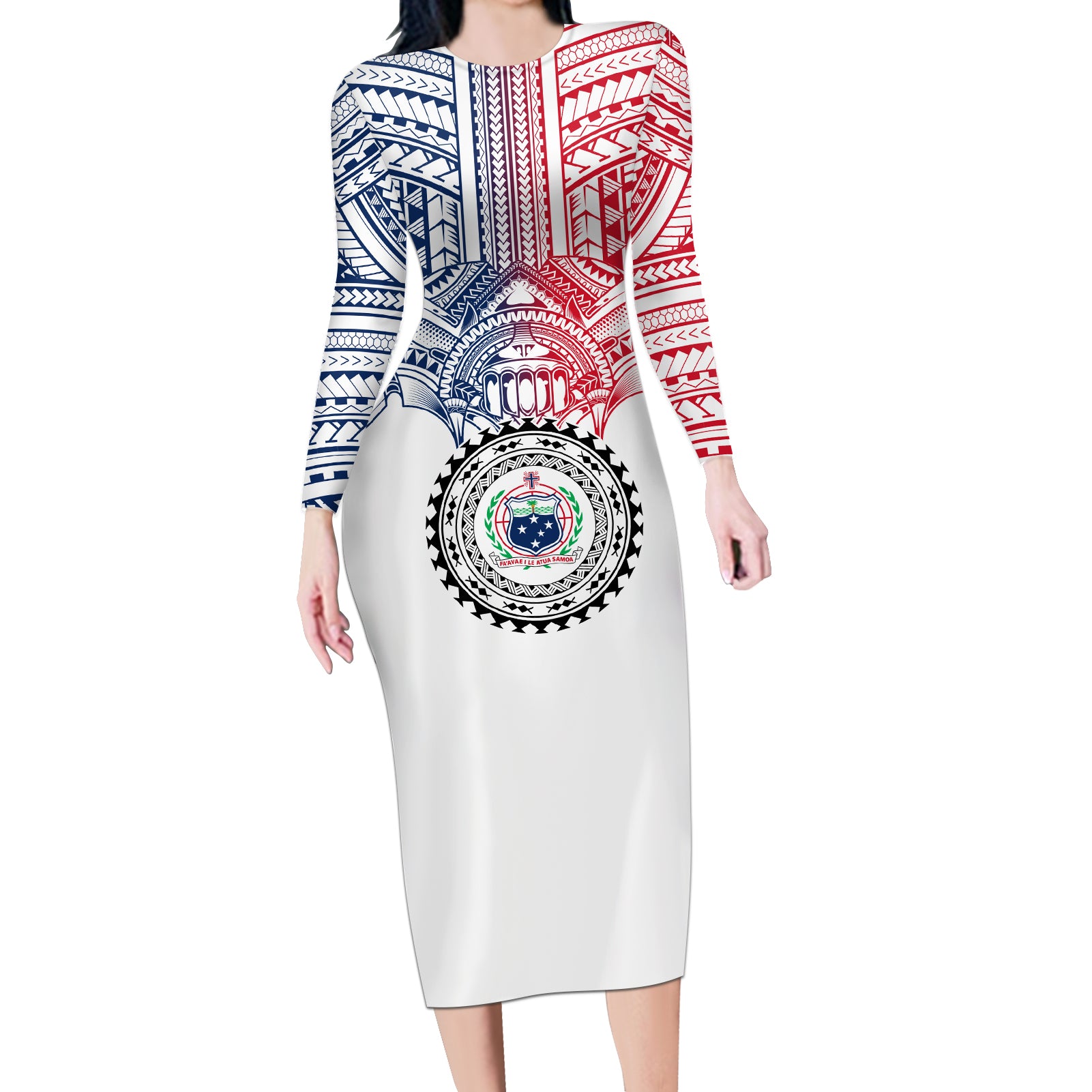 Samoa Black Saturday Long Sleeve Bodycon Dress Polynesian Tribal Simple Style LT05 Long Dress White - Polynesian Pride