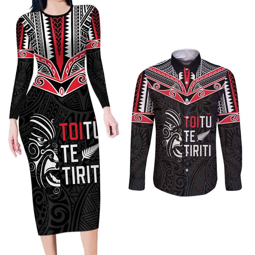 Aotearoa Toitu Te Tiriti Couples Matching Long Sleeve Bodycon Dress and Long Sleeve Button Shirt New Zealand Honour The Treaty LT05 Black - Polynesian Pride
