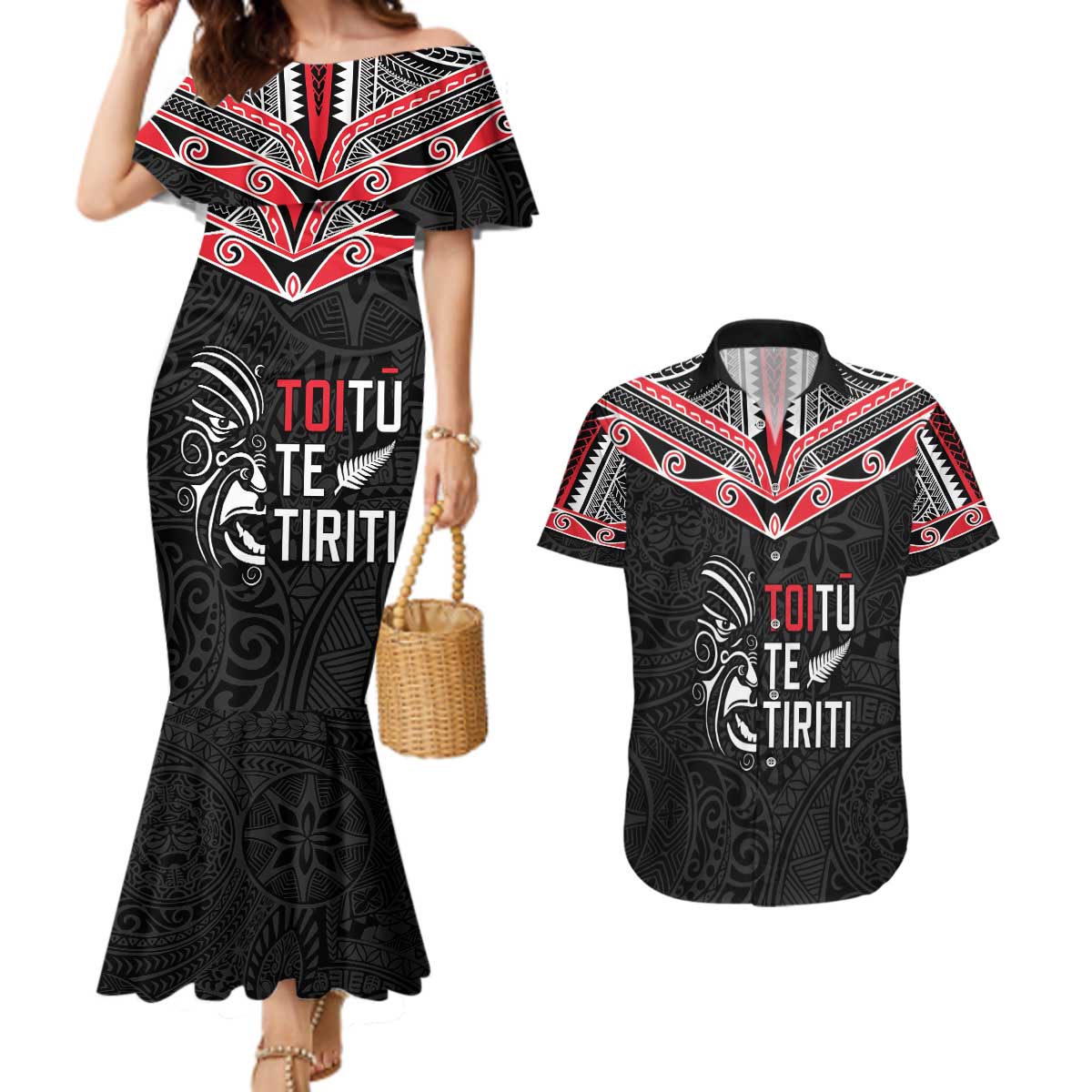 Aotearoa Toitu Te Tiriti Couples Matching Mermaid Dress and Hawaiian Shirt New Zealand Honour The Treaty