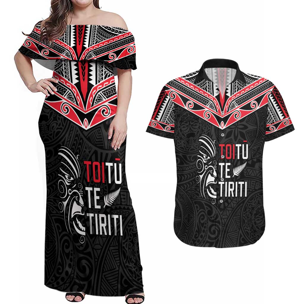 Aotearoa Toitu Te Tiriti Couples Matching Off Shoulder Maxi Dress and Hawaiian Shirt New Zealand Honour The Treaty