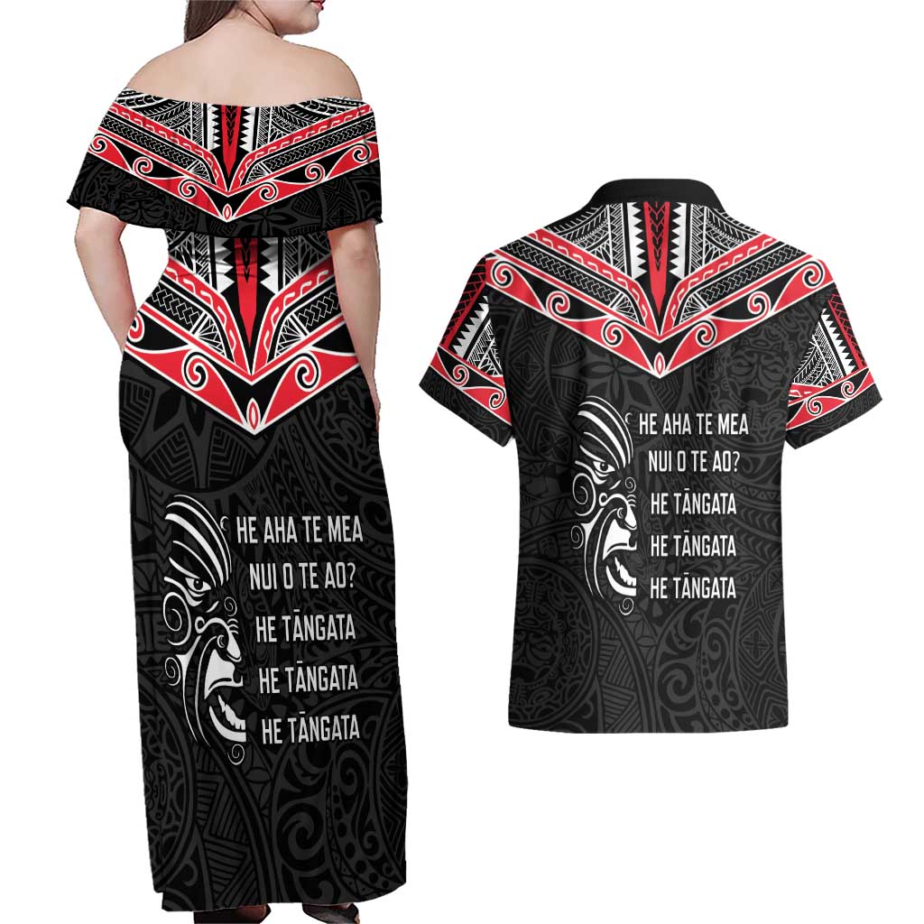 Aotearoa Toitu Te Tiriti Couples Matching Off Shoulder Maxi Dress and Hawaiian Shirt New Zealand Honour The Treaty