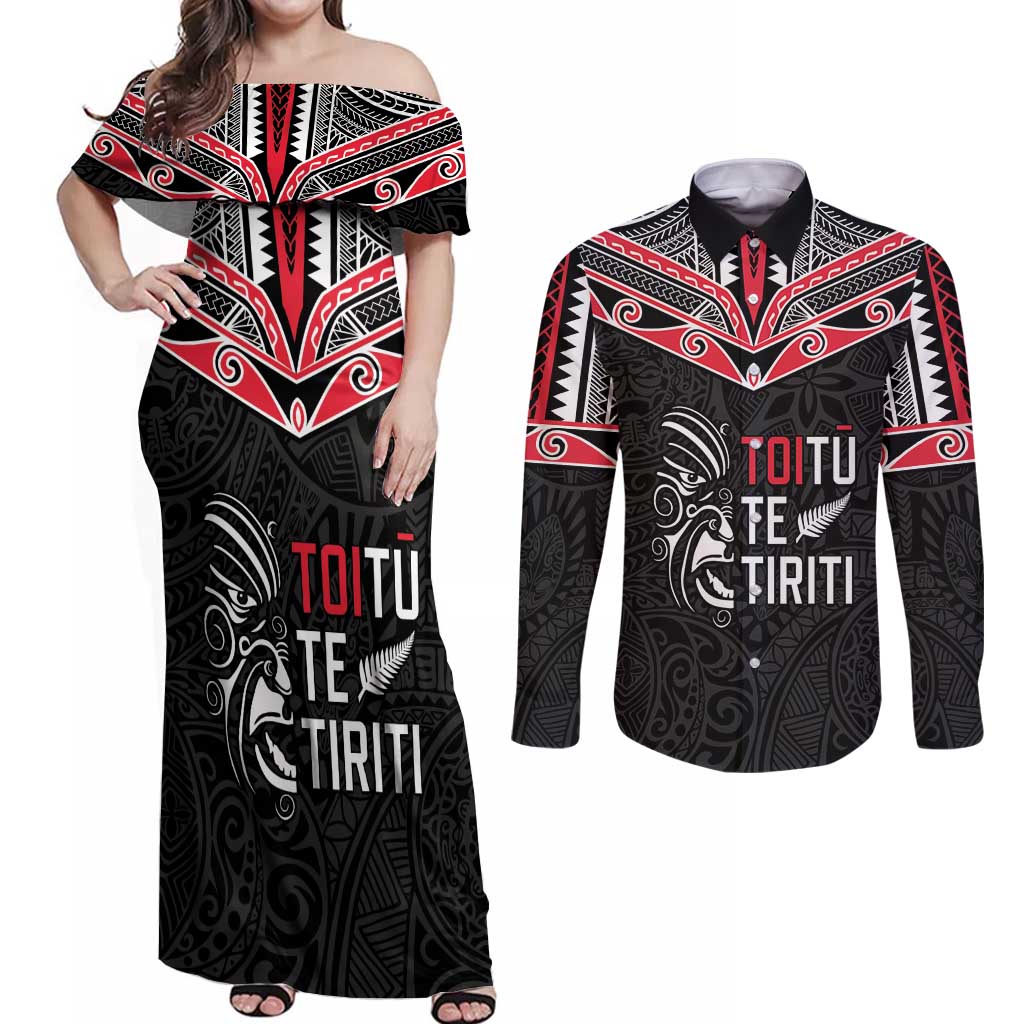 Aotearoa Toitu Te Tiriti Couples Matching Off Shoulder Maxi Dress and Long Sleeve Button Shirt New Zealand Honour The Treaty LT05 Black - Polynesian Pride